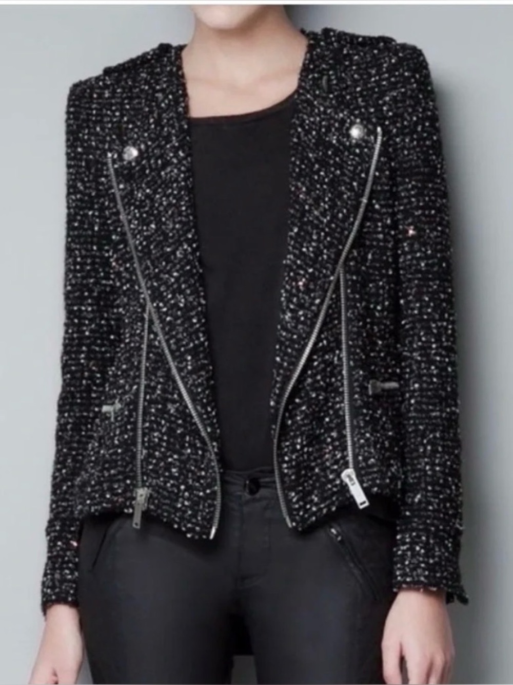 Zara Black Tweed Moto Jacket with Silver Hardware